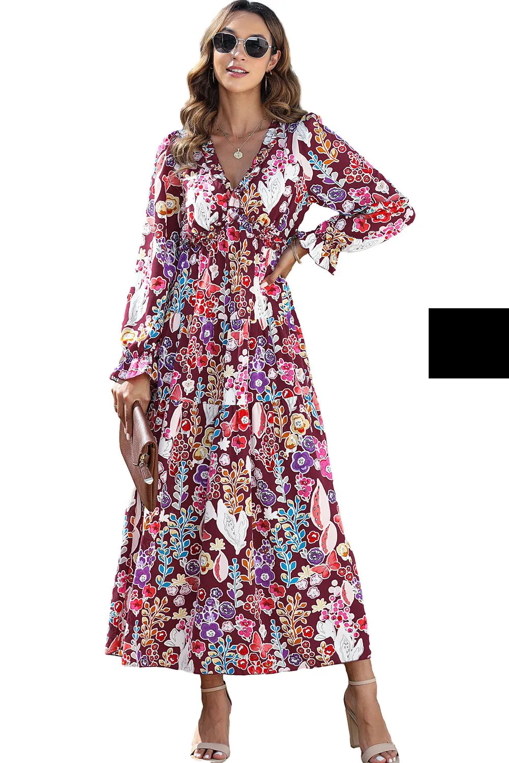 Violet V Neck Floral Print Empire Waist Maxi Dress - Chic Meadow Boutique 