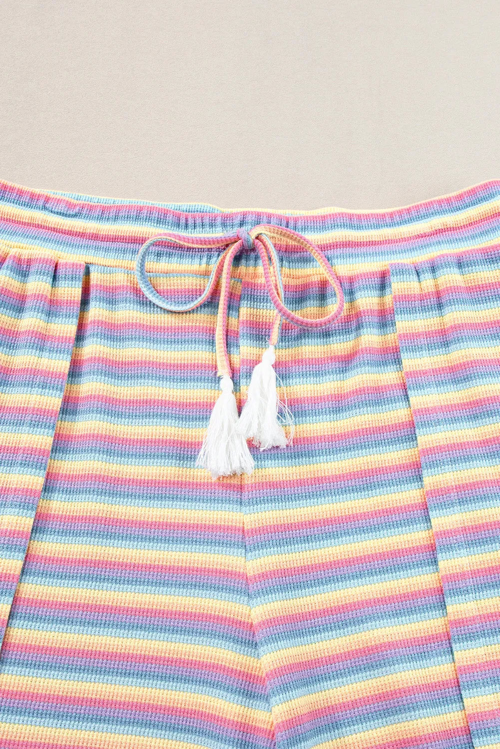 Pink Stripe Rainbow Tee Tasseled String Wide Leg Pants Set - Chic Meadow Boutique 