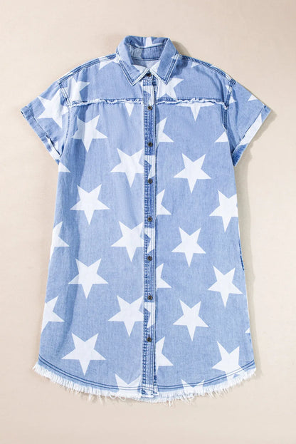 Sky Blue Stars Frayed Hem Collared Short Sleeve Denim Dress - Chic Meadow Boutique 