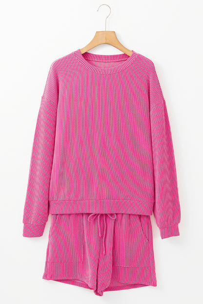 Strawberry Pink Corded Textured Long Sleeve Top and Shorts Set