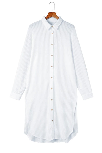 White Striped Crinkle Button Front Cover Up Shirt Dress - Chic Meadow Boutique 