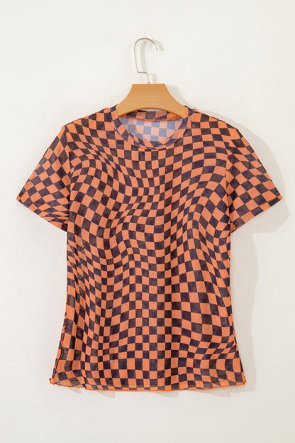 Orange Checkered Print Crew Neck Mesh T Shirt