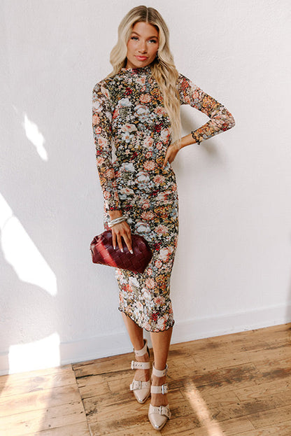 Brown Floral Allover Print Mock Neck Bodycon Long Sleeve Midi Dress