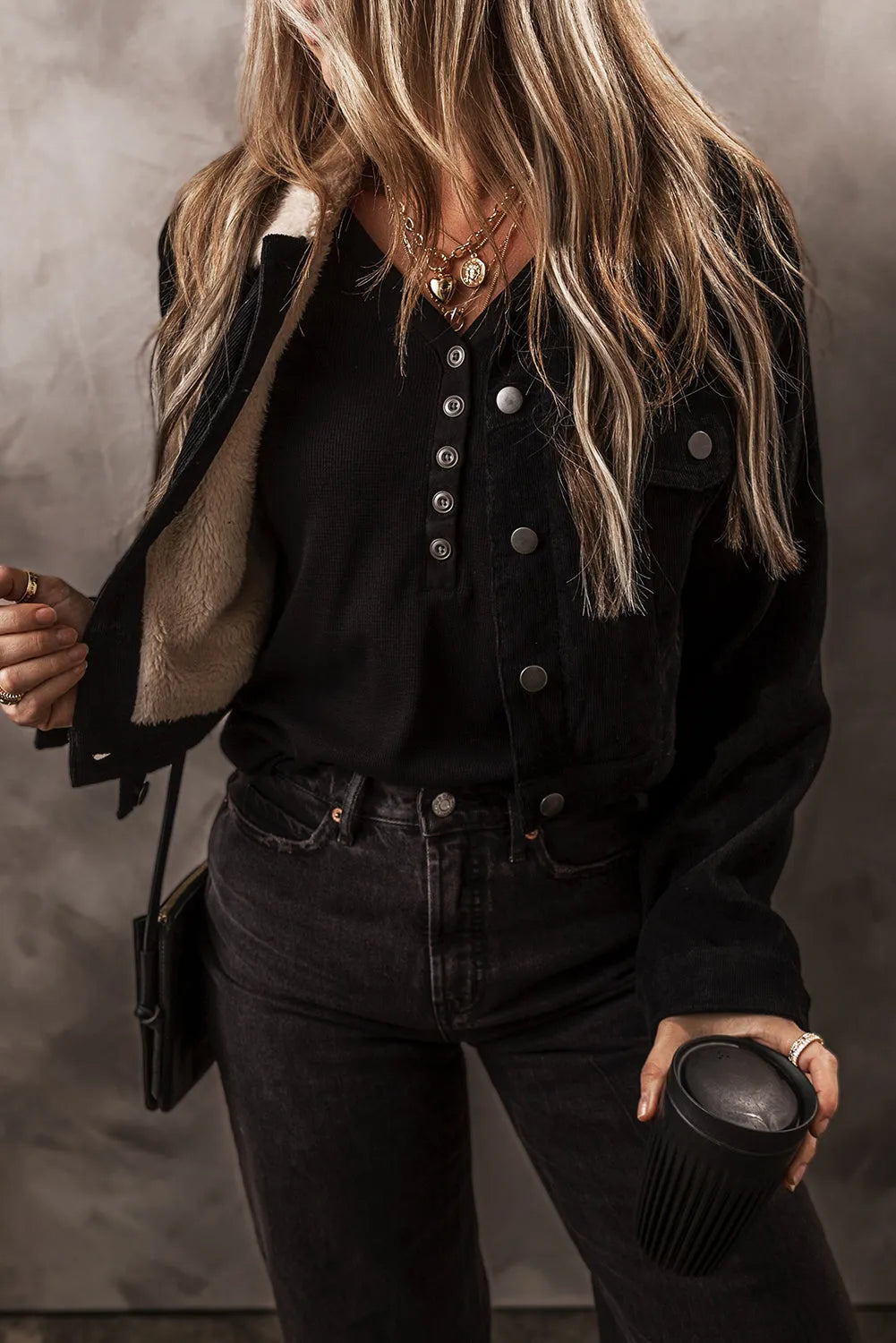 Black Fleece Lined Button-up Collared Corduroy Crop Jacket - Chic Meadow Boutique 