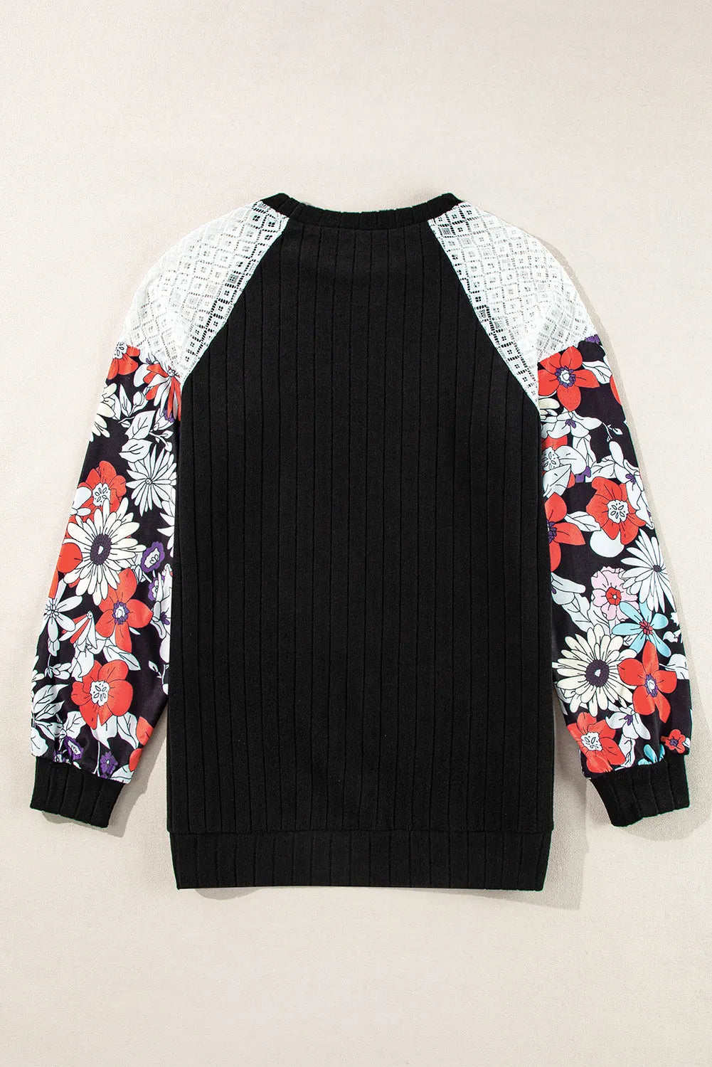 Black Floral Patchwork Long Sleeve Ribbed Blouse - Chic Meadow Boutique 