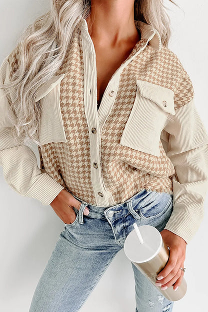 Parchment Houndstooth Corduroy Patchwork Flap Pocket Shacket - Chic Meadow Boutique 