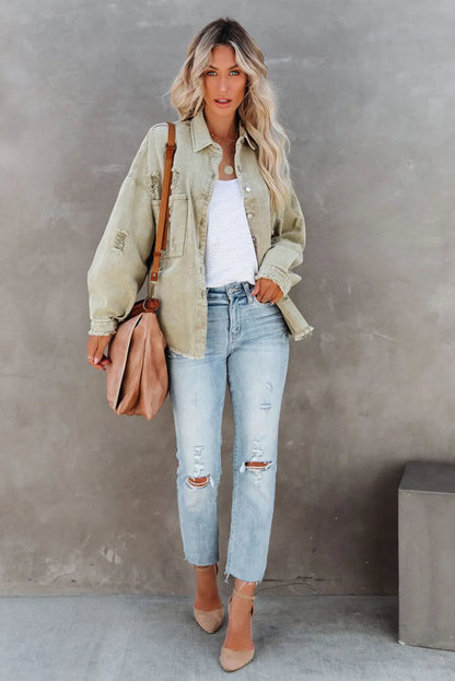 Outerwear/Denim jackets Green Distressed Fringe Trim Denim Jacket