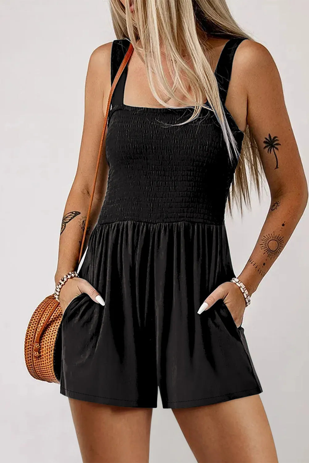 Black Casual Pocketed Smocked Sleeveless Romper - Chic Meadow Boutique 