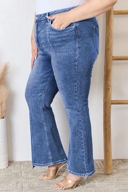 Blue Plus Size Exposed Seam High Waist Flare Jeans - Chic Meadow Boutique 