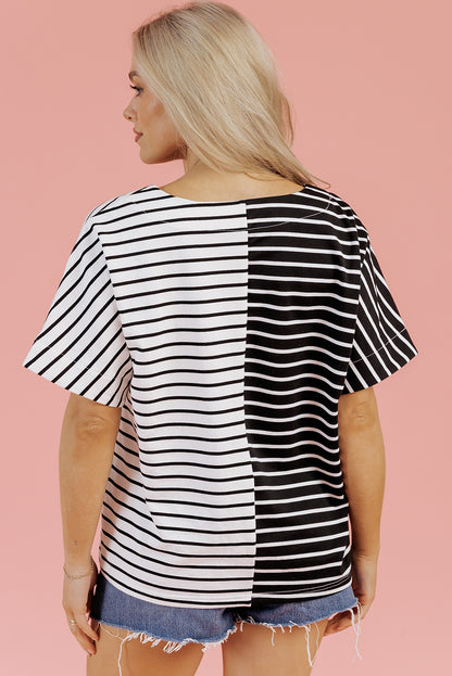 Black Stripe Two Tone Colorblock V Neck T Shirt