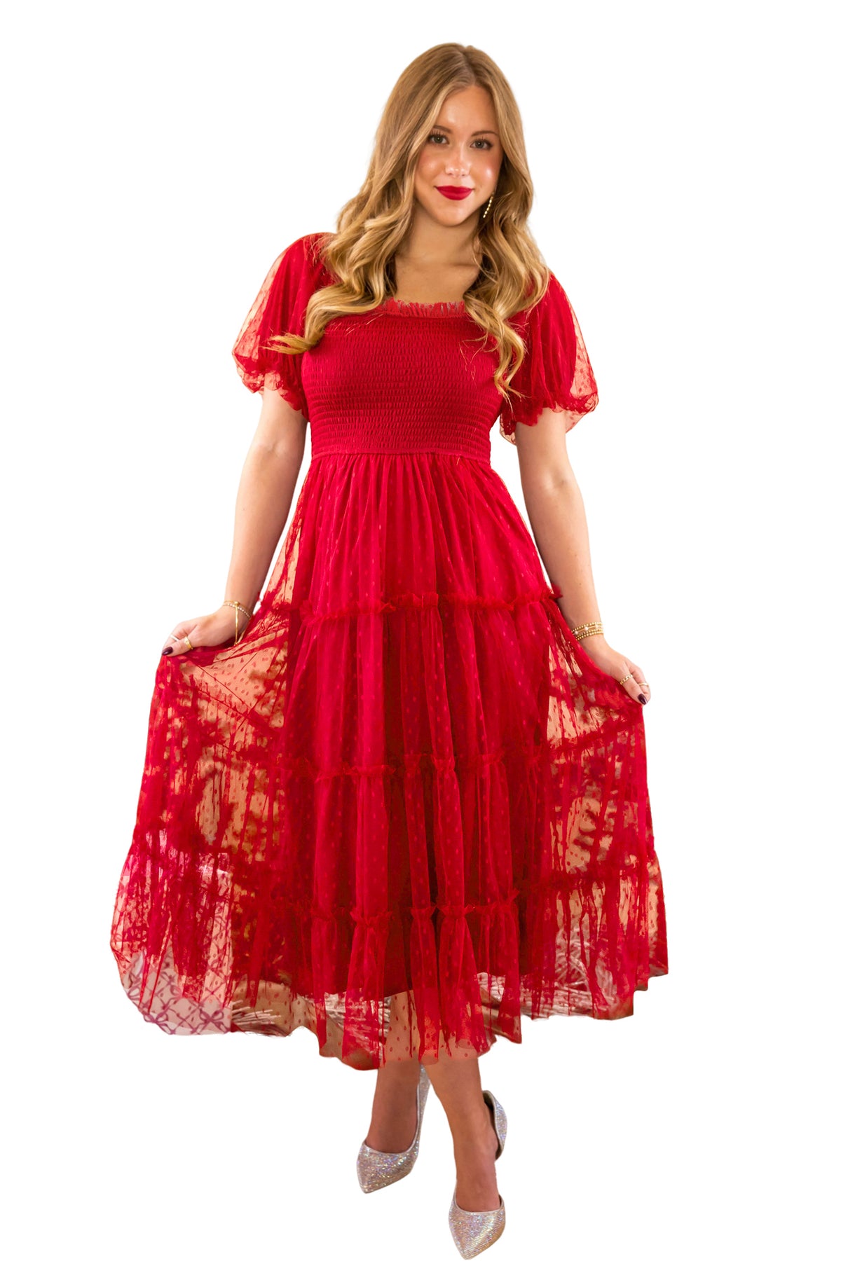 Fiery Red Tiered Tulle Smocked Bodice Puff Sleeve Dress
