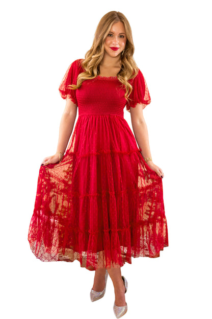 Fiery Red Tiered Tulle Smocked Bodice Puff Sleeve Dress