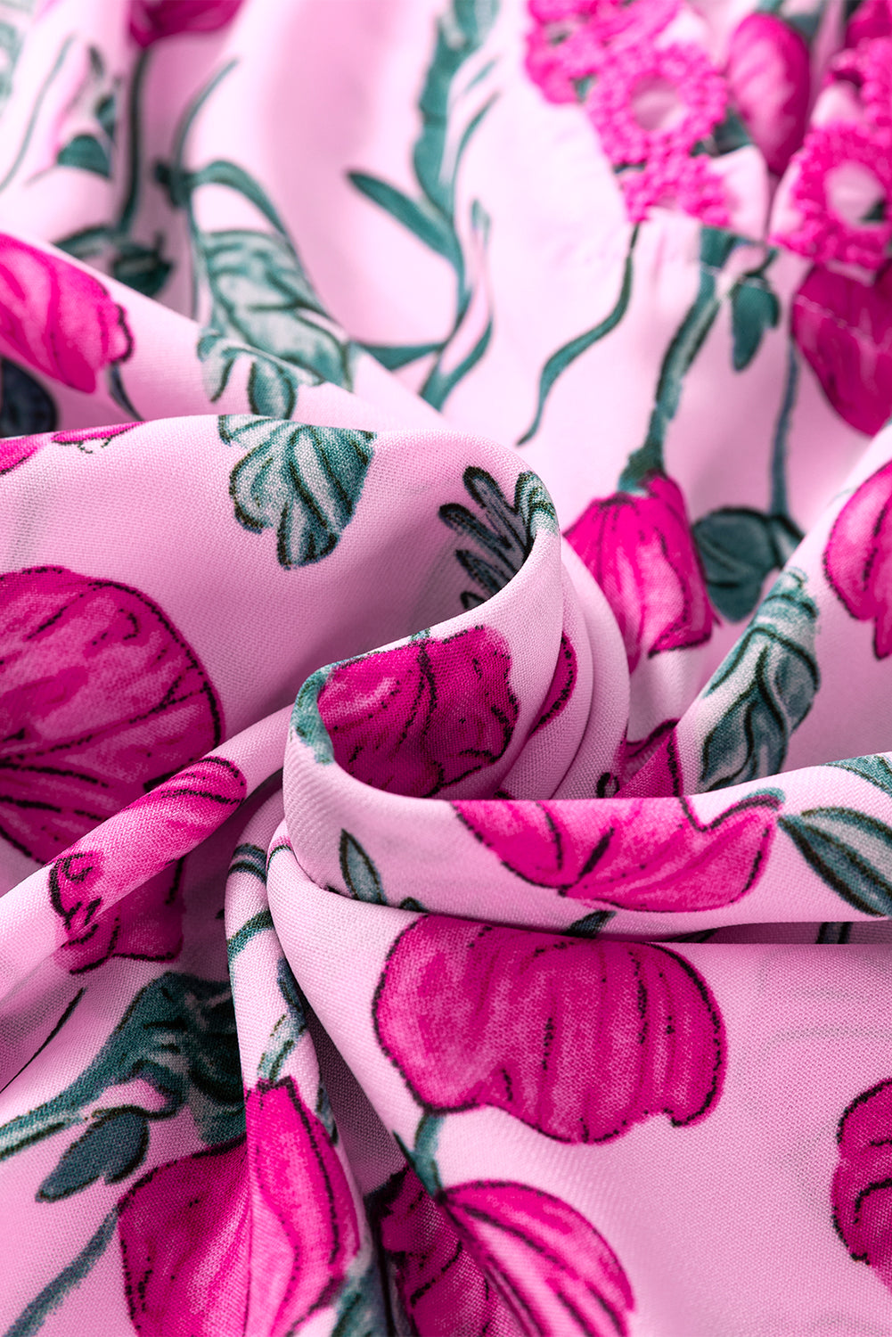 Pink Floral Lace Detail Frilled V Neck Summer Blouse