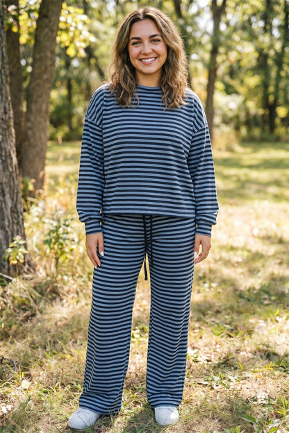 Blue Stripe Long Sleeve Drawstring Waist Plus Size Lounge Pants Set