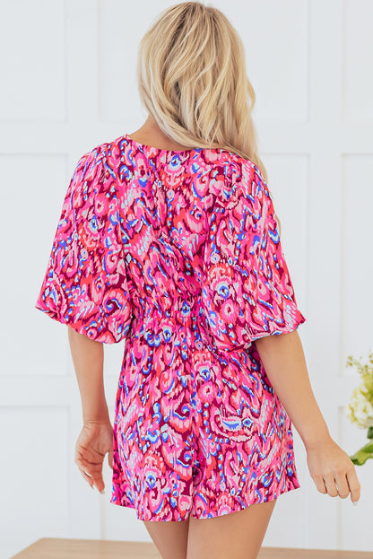 Pink Abstract Print Puff Sleeve V Neck High Waist Romper