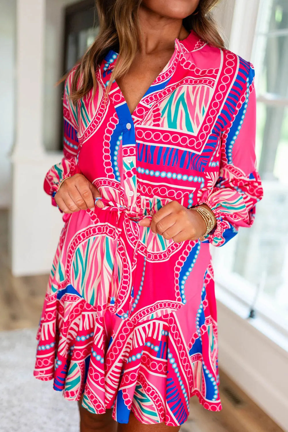 Rose Boho Abstract Printed Puff Sleeve Drawstring Waist Ruffled Mini Dress - Chic Meadow Boutique 