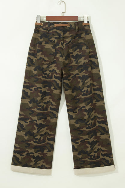 Multicolour Camouflage Print Retro Grommet Tie Waist Loose Jeans