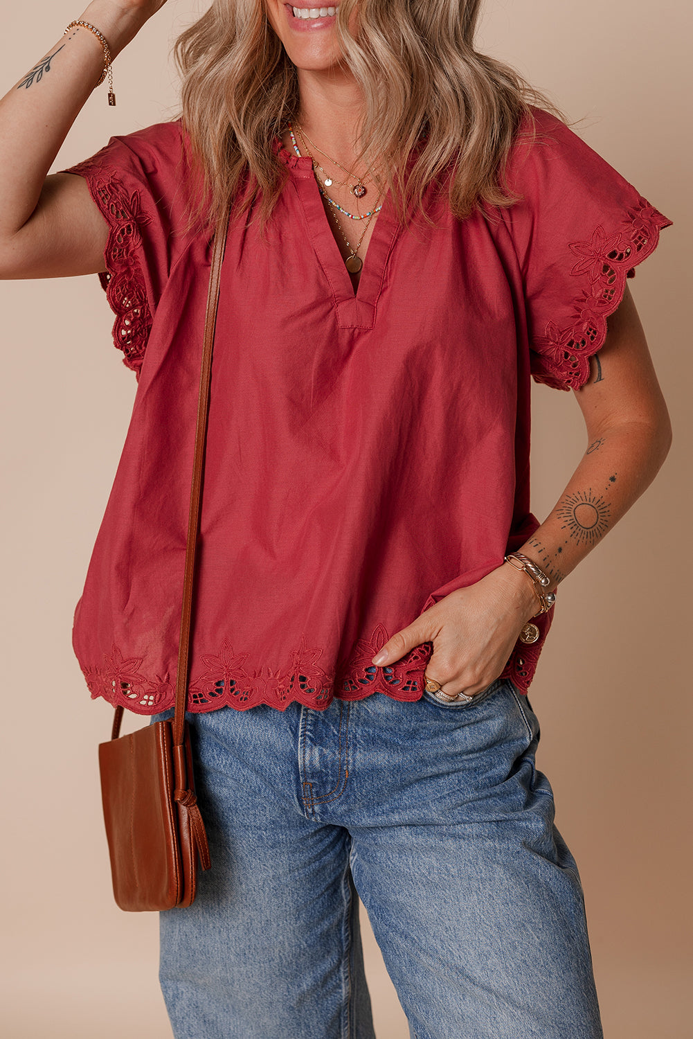 Red Dahlia Floral Embroidered Scallop Trim Short Sleeve V Neck Blouse