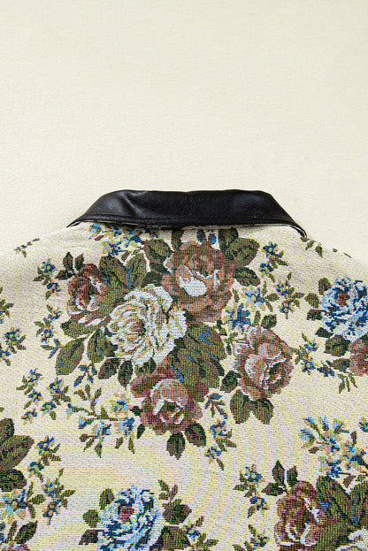Khaki Floral Print Zip Up Contrast Collared Jacket