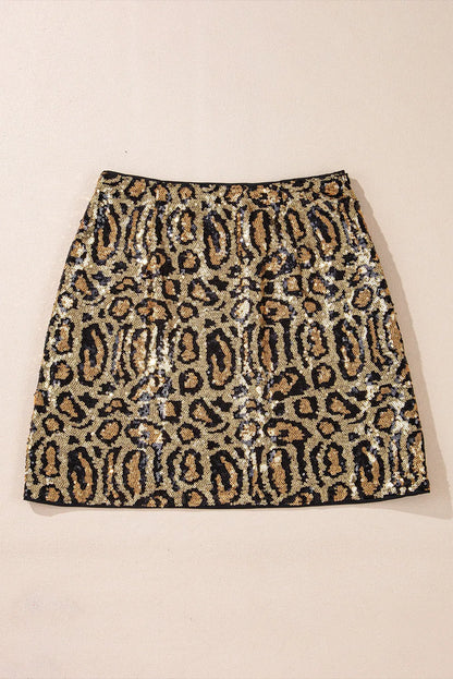 Brown Sequined Leopard Print Disco Mini Skirt - Chic Meadow Boutique 