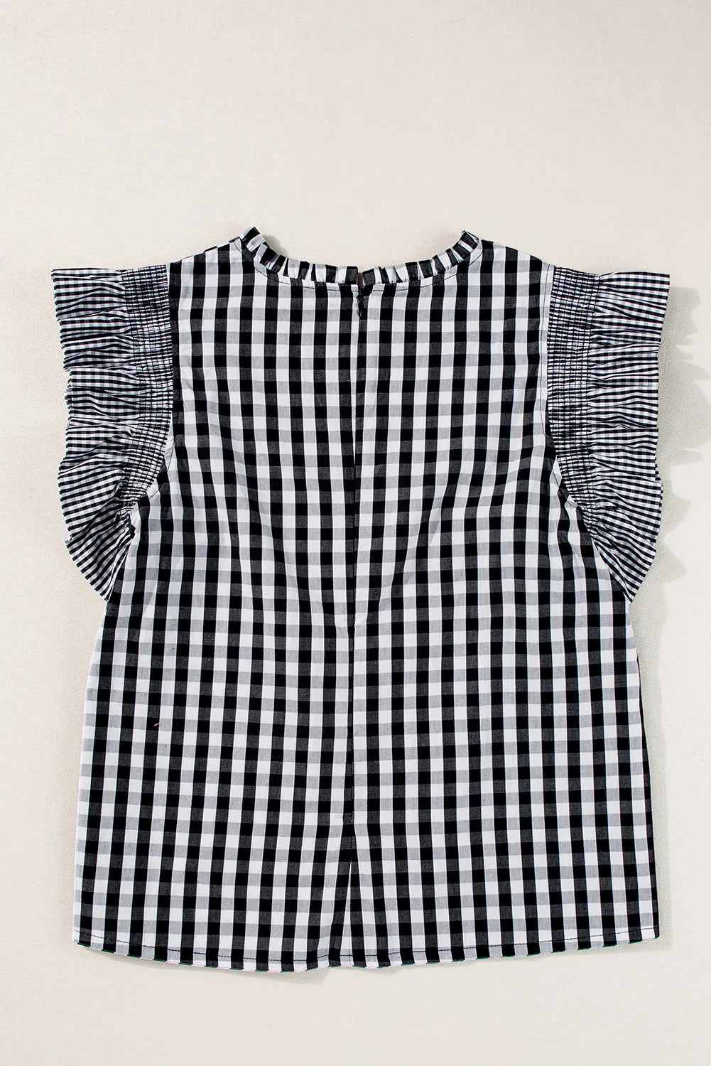 Black Checkered Ruffled Sleeve Frilled Neck Blouse - Chic Meadow Boutique 