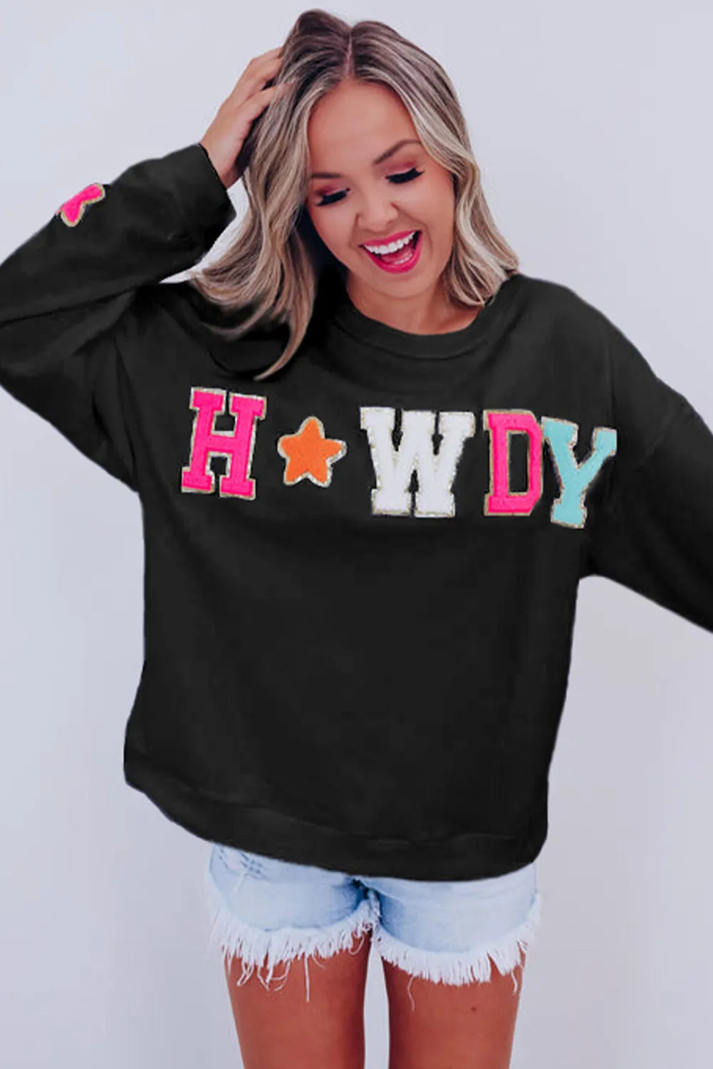 Black Howdy Glitter Chenille Patch Graphic Casual Sweatshirt - Chic Meadow Boutique 