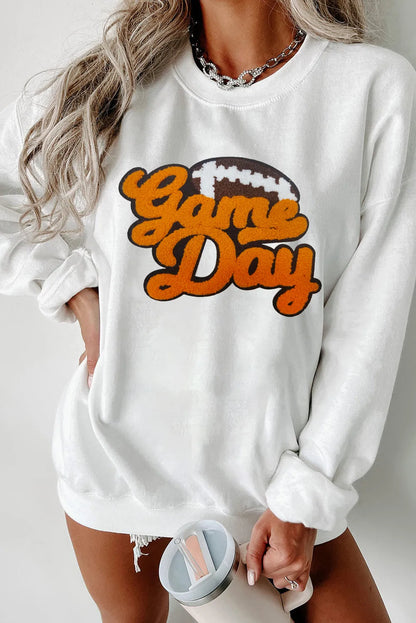 White Chenille Game Day Rugby Football Pattern Pullover Sweatshirt - Chic Meadow Boutique 