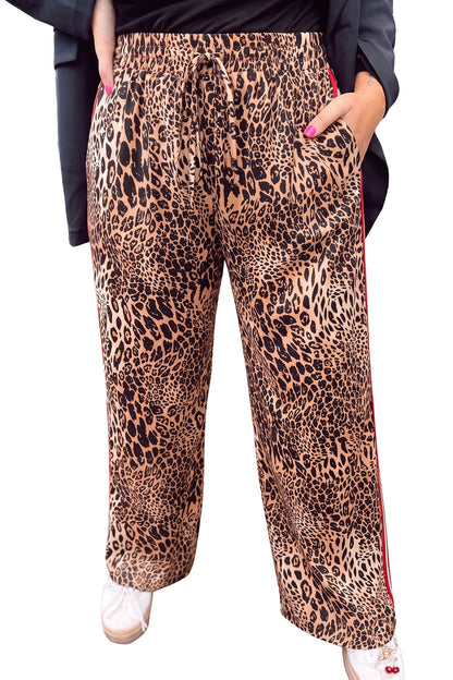Khaki Leopard Print Colorblock Side Stripes Wide Leg Full Length Plus Size Pants