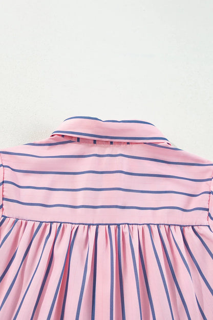 Pink Stripe Ruffled Hem Button-up Collared Shirt Mini Dress - Chic Meadow Boutique 