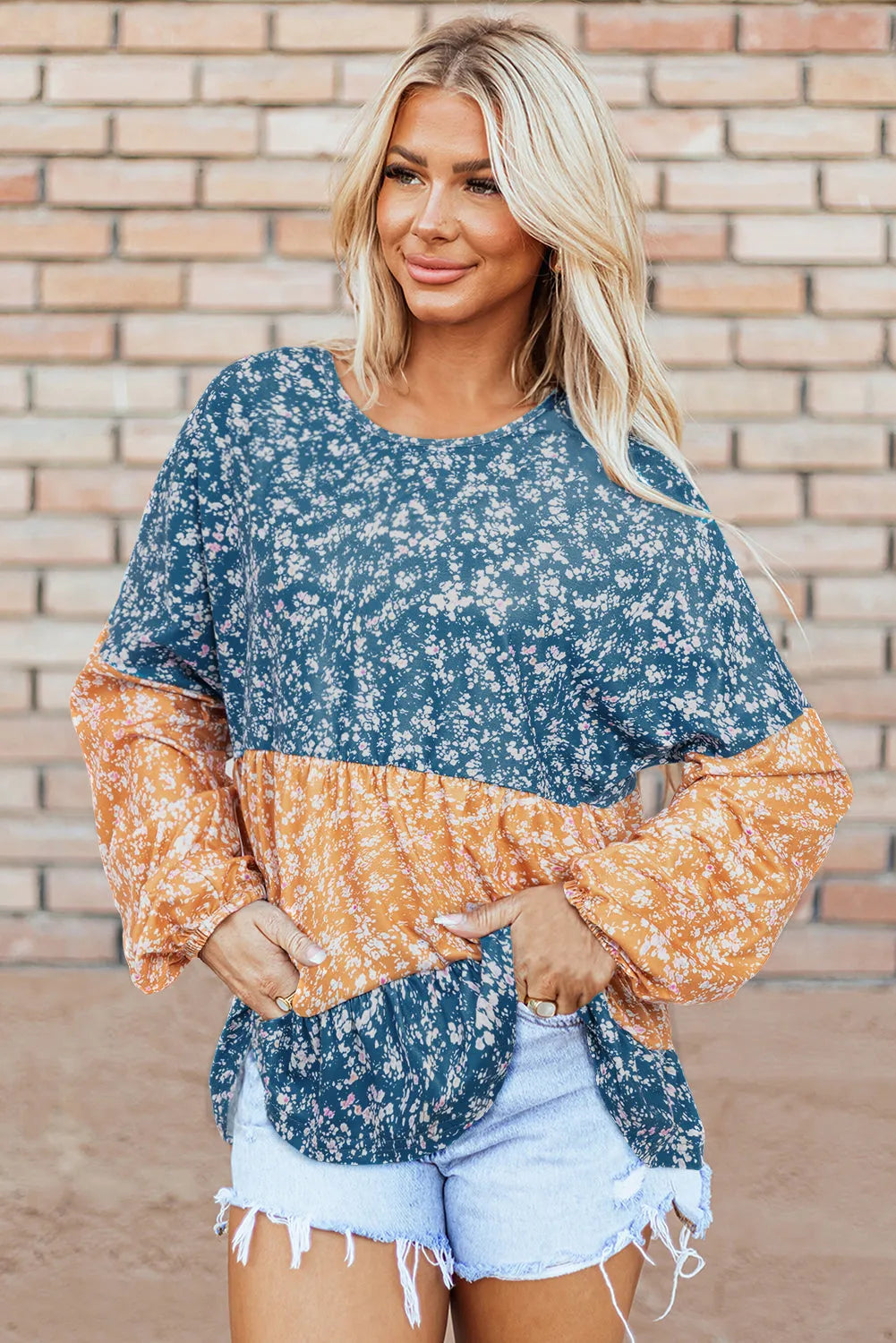 Orange Floral Color Block Ruffled Hem Round Neck Blouse - Chic Meadow Boutique 