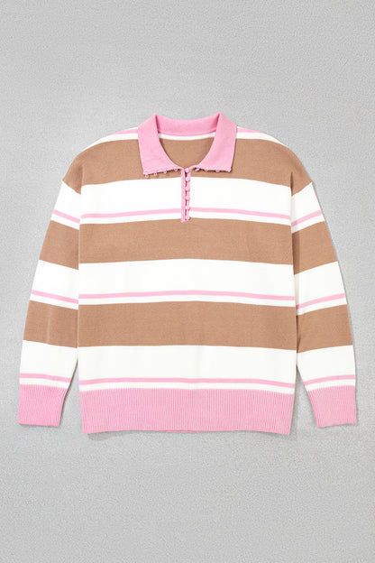 Pink Stripe Striped Colorblock V Neck Long Sleeve Tunic Sweater
