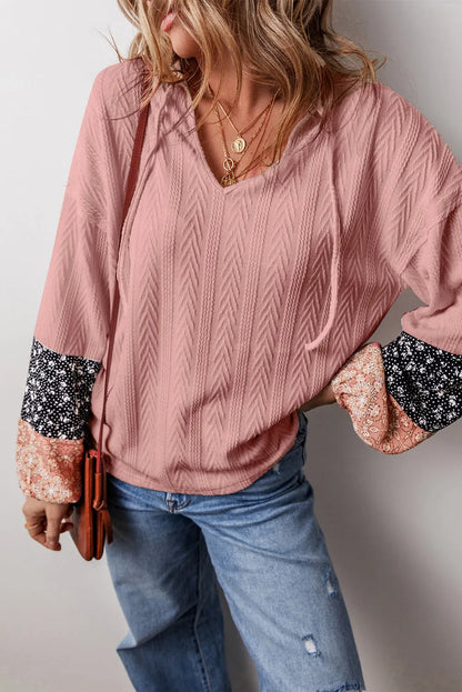 Dusty Pink Floral Patchwork Textured Knit Drawstring V Neck Blouse - Chic Meadow Boutique 