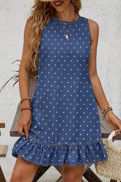 Blue Polka Dot Ruffle Hem Sleeveless Shift Dress Mini Vacation Wholesale