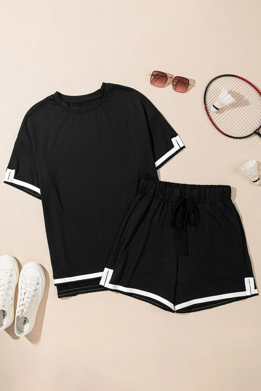 Black Contrast Trim Tee and Shorts Set - Chic Meadow Boutique 