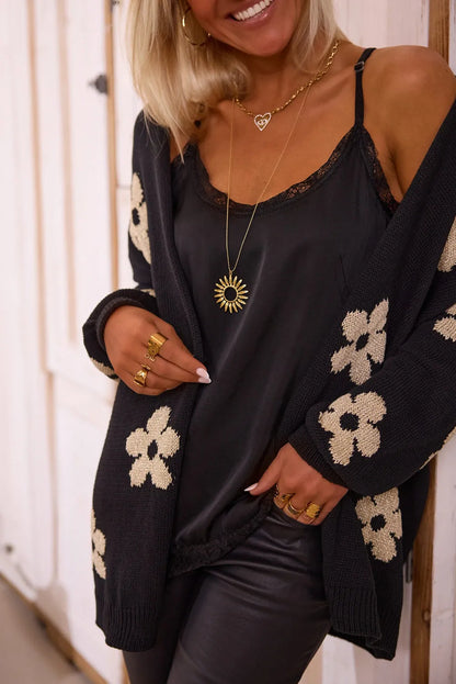 Black Floral Print Knitted Open Front Loose Cardigan - Chic Meadow Boutique 