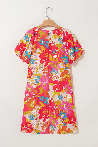 Pink Floral Print Bubble Short Sleeve Dress