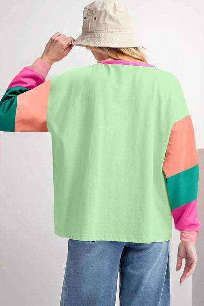 Green Colorblock Patchwork Long Sleeve Loose Top - Chic Meadow Boutique 