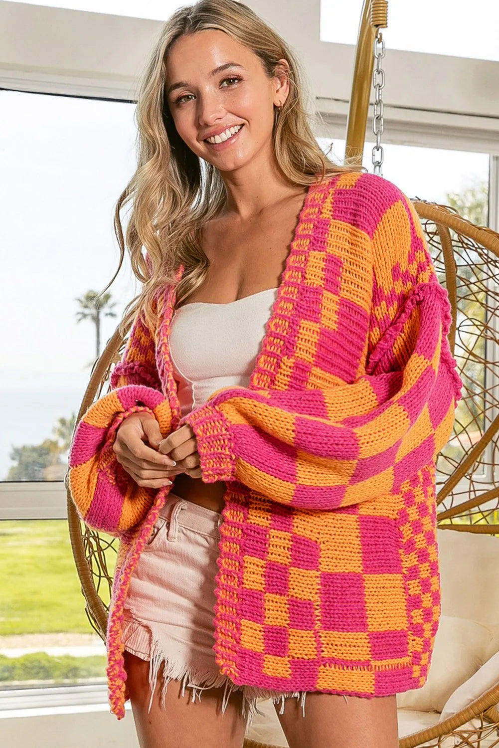 Multicolor Open Front Mixed Checkered Pattern Knit Cardigan - Chic Meadow Boutique 