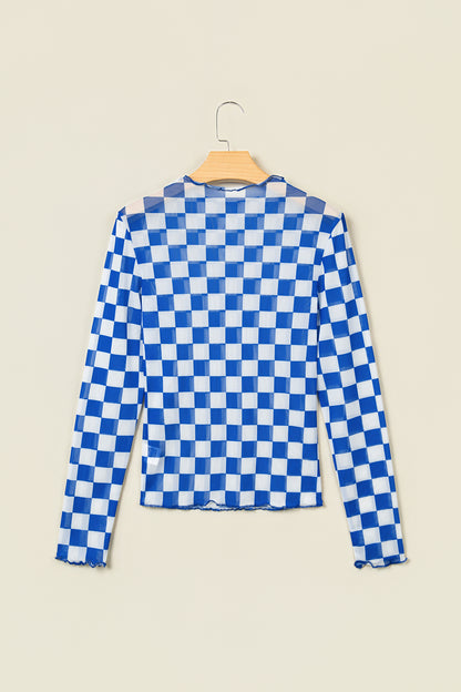Dark Blue Plaid Mesh Sheer Long Sleeve Top