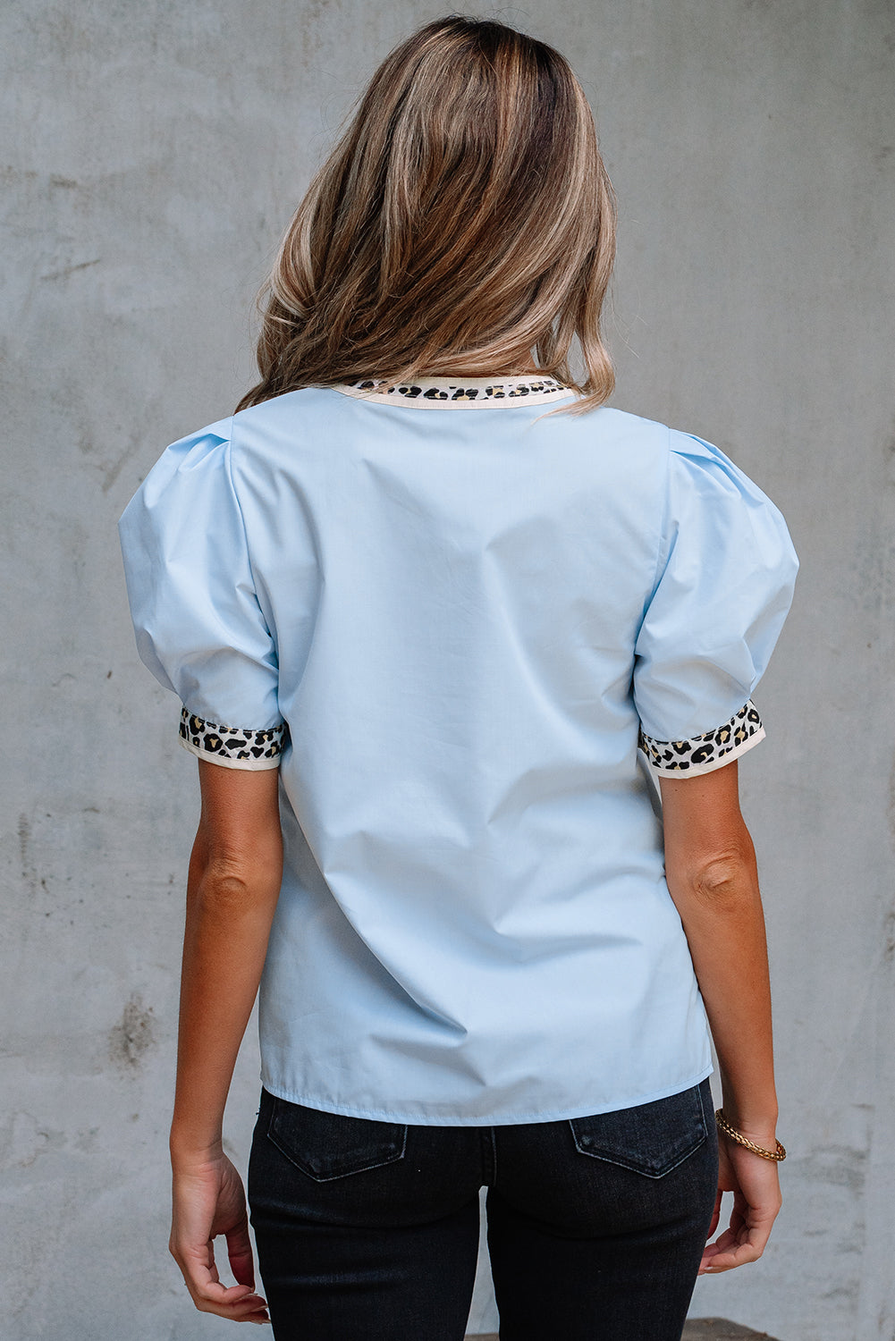 Beau Blue Contrast Leopard Trim Split Neck Puff Sleeve Blouse