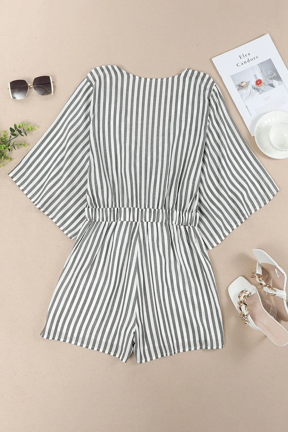 Gray 3/4 Wide Kimono Sleeves Tie Front Striped Romper with Pockets - Chic Meadow Boutique 