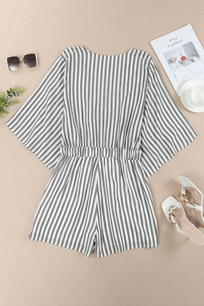 Gray 3/4 Wide Kimono Sleeves Tie Front Striped Romper with Pockets - Chic Meadow Boutique 