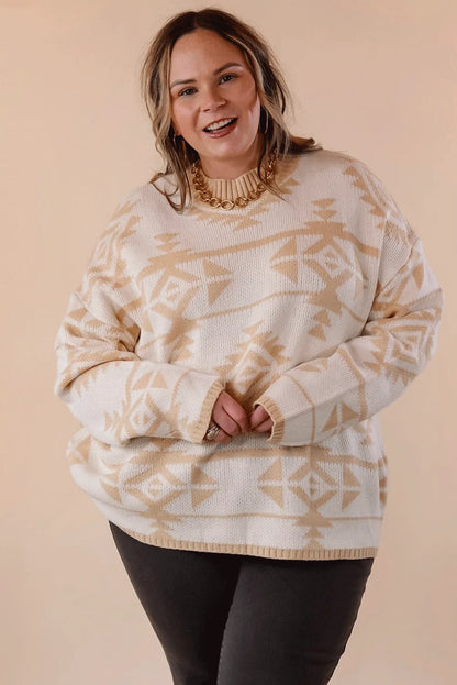 Apricot Plus Size Western Aztec Print Loose Sweater - Chic Meadow Boutique 