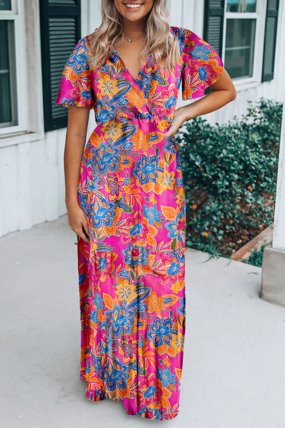 Rose Wrap V Neck Floral Maxi Dress - Chic Meadow Boutique 