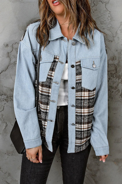 Sky Blue Plaid Patchwork Raw Hem Denim Jacket - Chic Meadow Boutique 