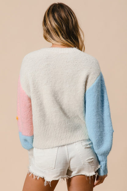 Multicolour Floral Embroidered Colorblock Fuzzy Drop Shoulder Sweater