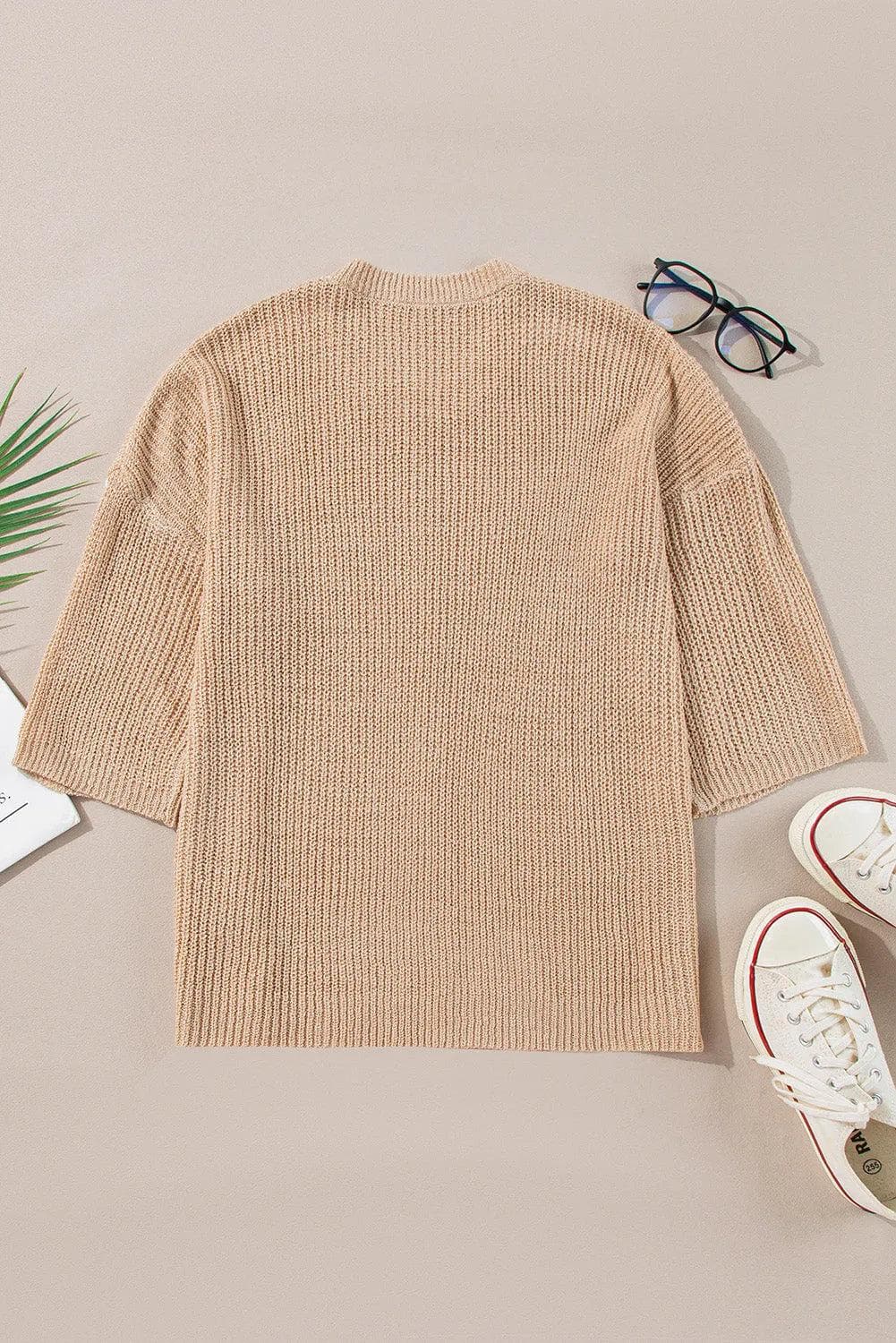 Sweaters & Cardigans/Sweaters Light French Beige Contrast Striped 3/4 Sleeve Crew Neck Sweater