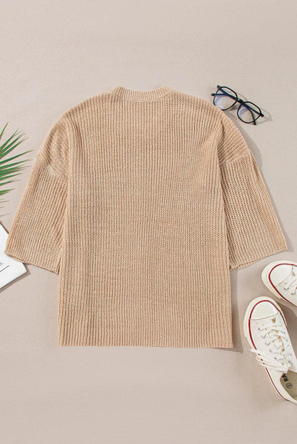 Sweaters & Cardigans/Sweaters Light French Beige Contrast Striped 3/4 Sleeve Crew Neck Sweater