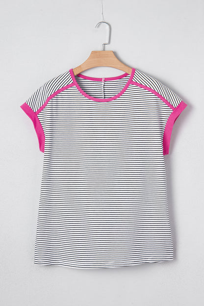 Rose Stripe Contrast Trim Round Neck Summer T Shirt
