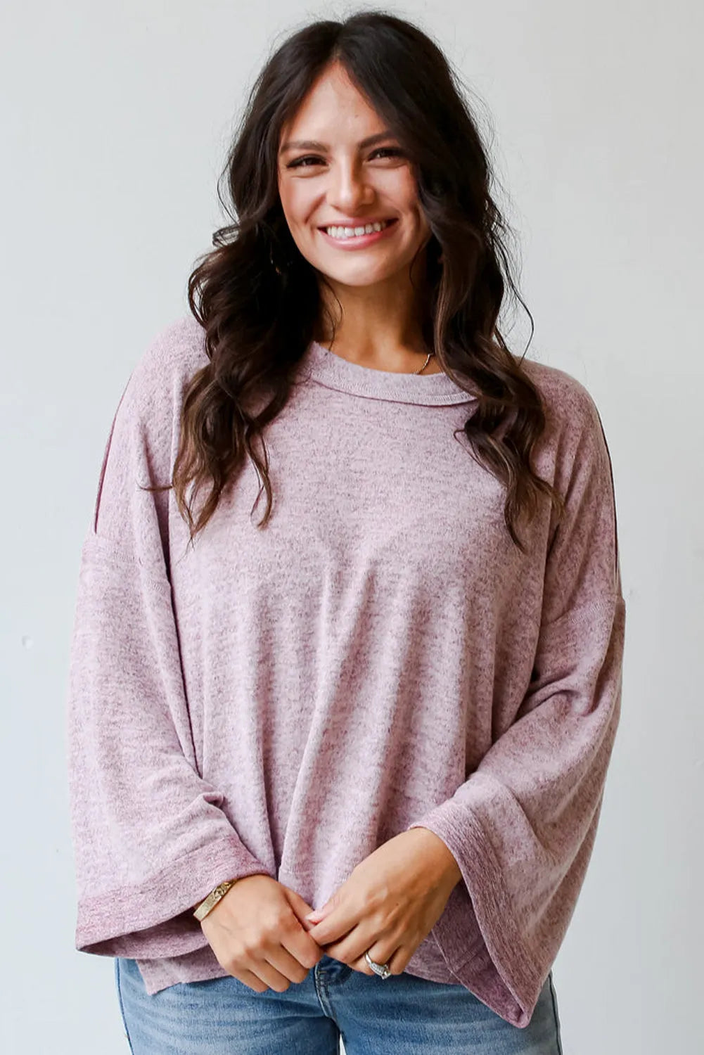 Orchid Petal Exposed Seam Drop Shoulder Wide Long Sleeve T Shirt - Chic Meadow Boutique 